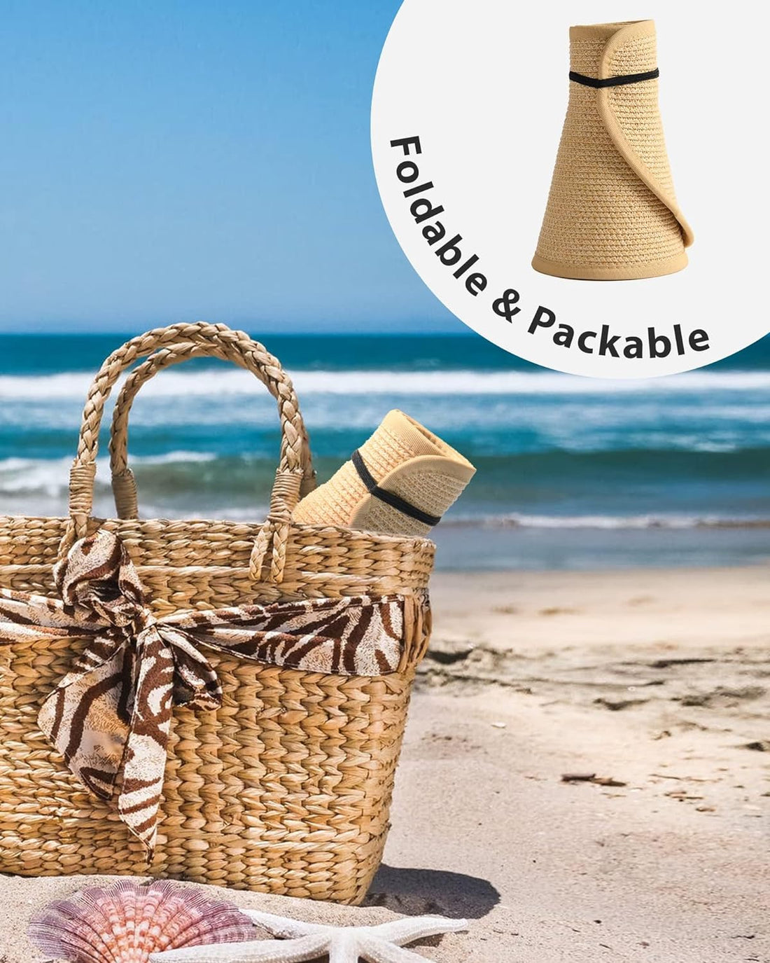 Women’s Wide Brim Straw Sun Visor Hat – UV Protection, Foldable & Packable