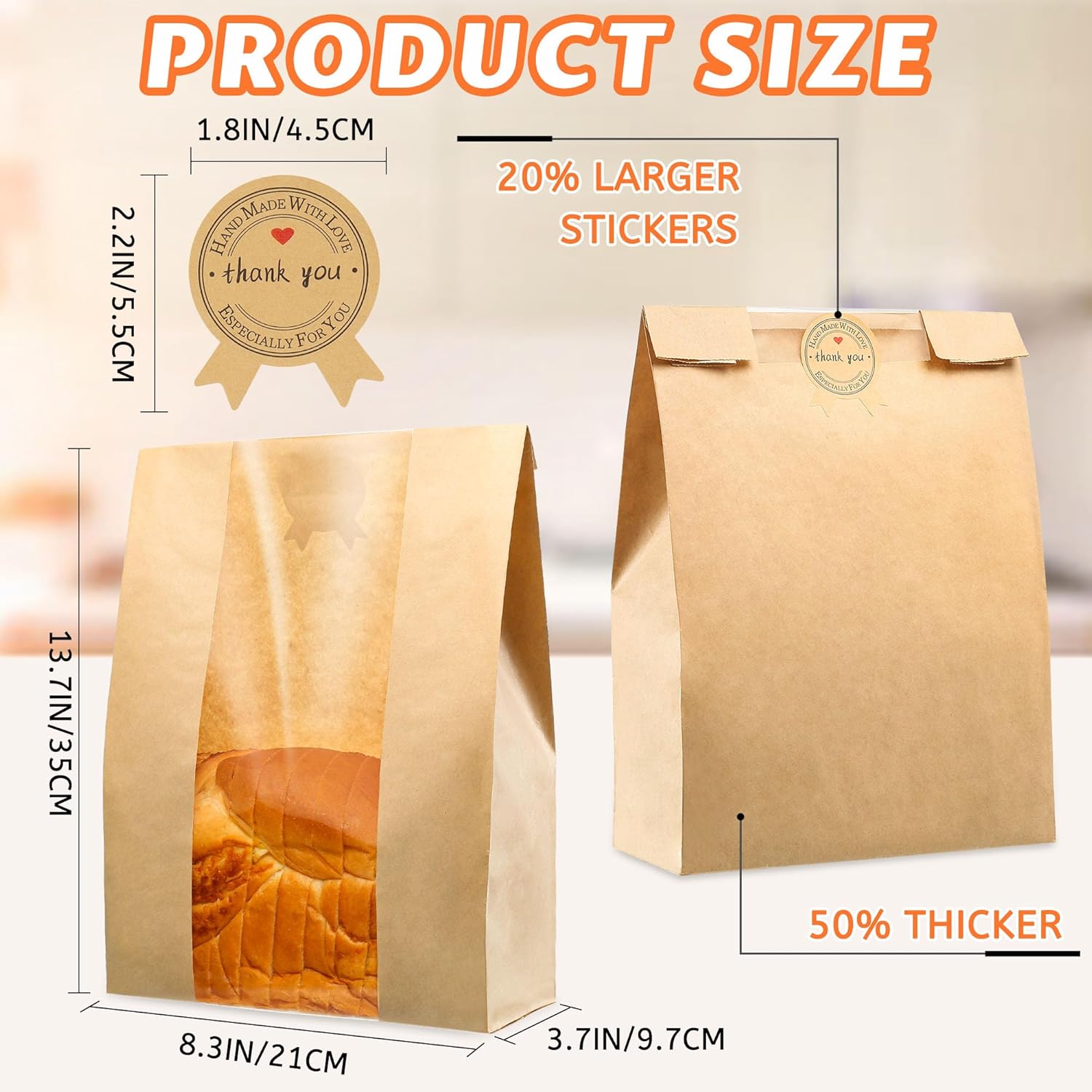 50-Pack Extra Thick Bread Bags with Window – Large Kraft Paper Bakery Bags