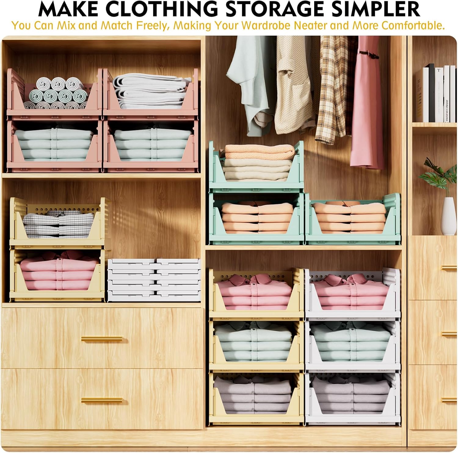 5-Pack Stackable Closet Storage Baskets – Foldable Storage Organizer