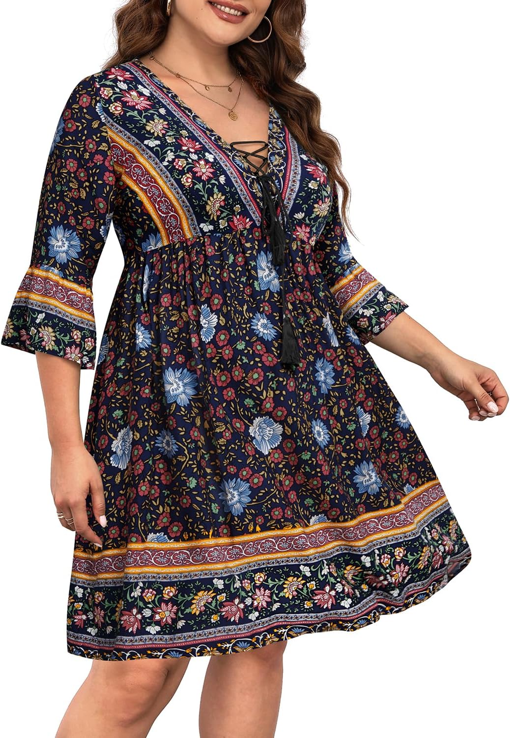 Plus Size Boho Floral V-Neck Mini Dress with Tassel Bell Sleeves