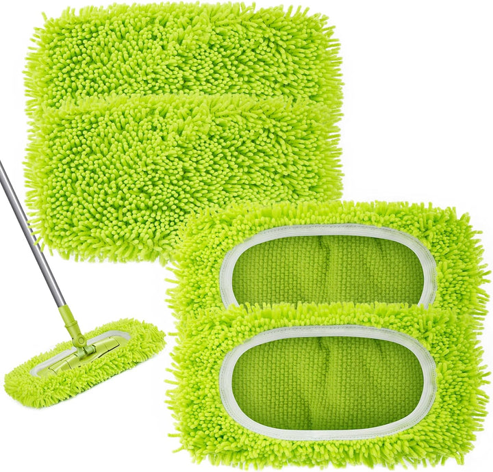 A set of green microfiber wet mop pads compatible with Swiffer Sweeper mops, displayed with a dry mop and its handle.
