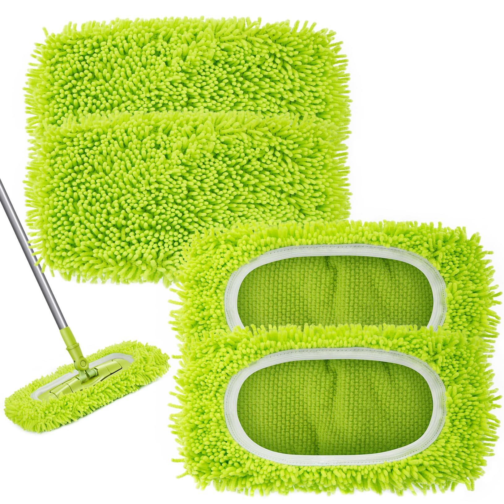 A set of green microfiber wet mop pads compatible with Swiffer Sweeper mops, displayed with a flat mop.