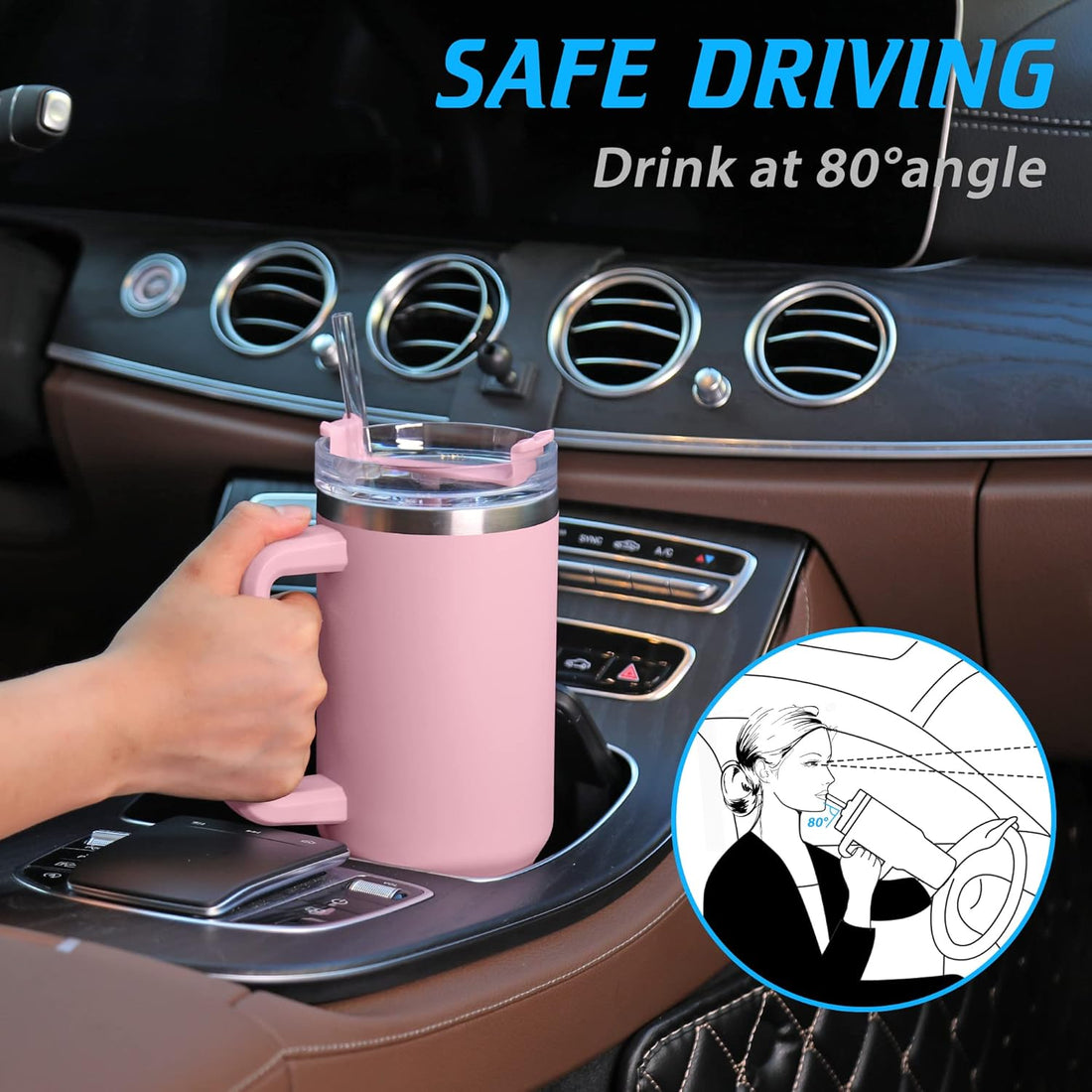 Tumbler with Handle and Straw Pink Insulated Travel Mug Iced Coffee Cup