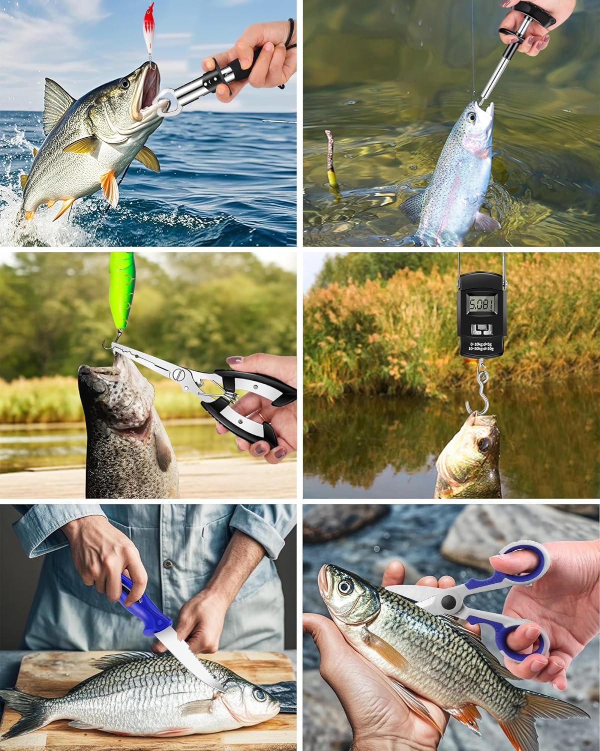 Fishing Tool Kit with Scale, Pliers, Knife & Gripper – 6 Pc Set