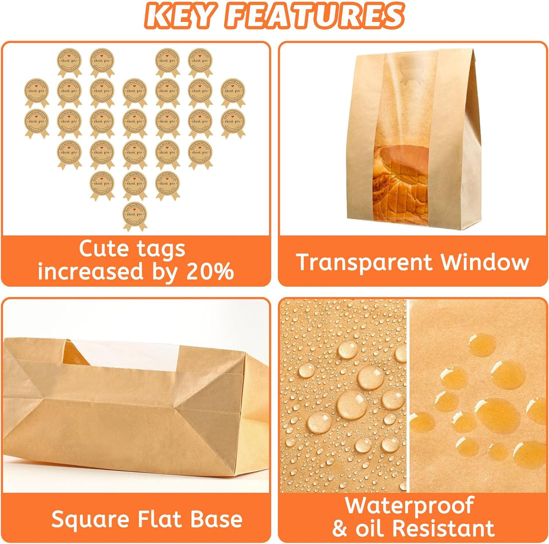 50-Pack Extra Thick Bread Bags with Window – Large Kraft Paper Bakery Bags