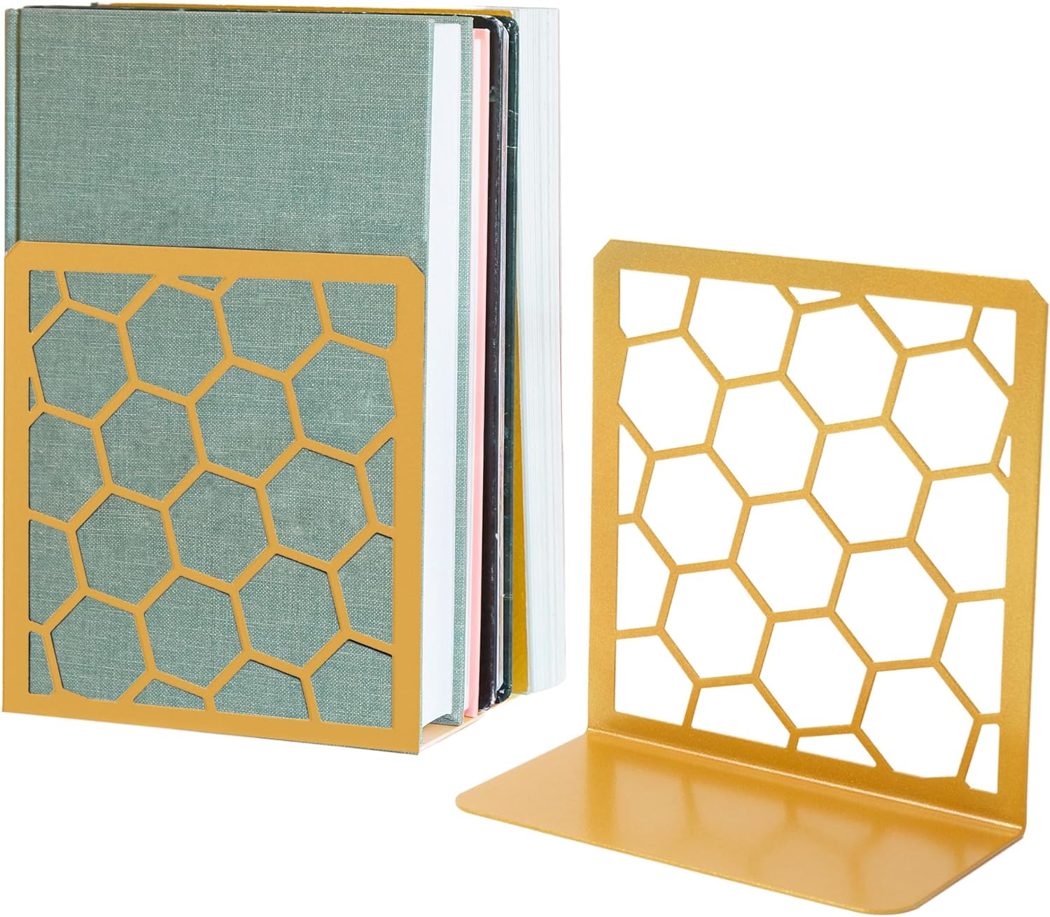 Gold Honeycomb Metal Bookends – Modern Heavy-Duty Shelf Stoppers