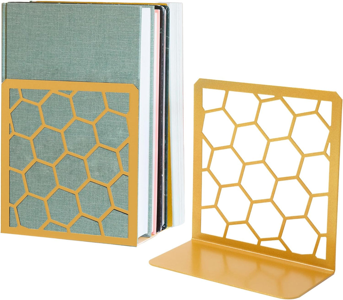 Gold Honeycomb Metal Bookends – Modern Heavy-Duty Shelf Stoppers