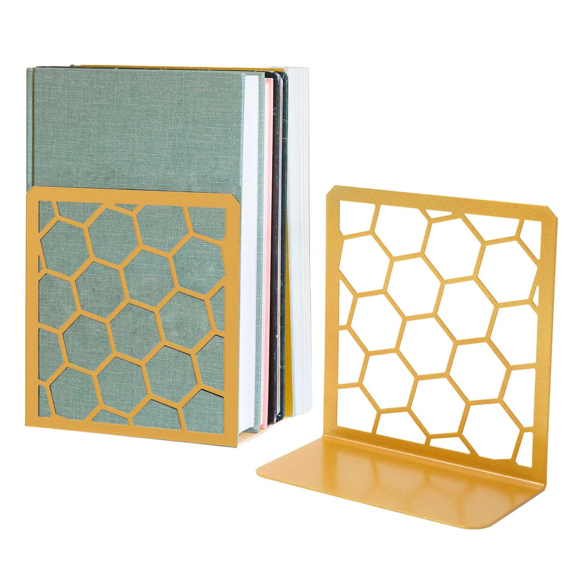 Gold Honeycomb Metal Bookends – Modern Heavy-Duty Shelf Stoppers