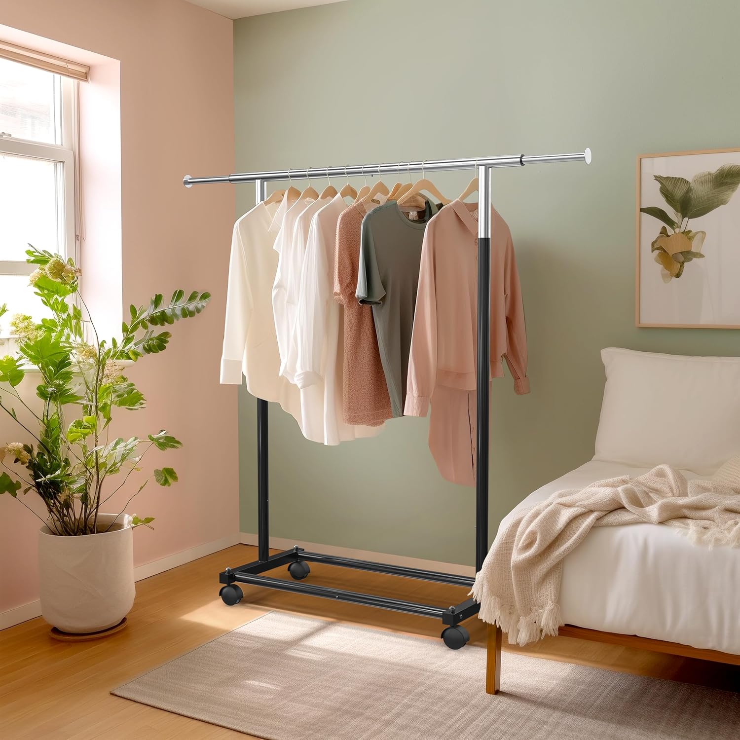 Adjustable Garment Rack with Extendable Rod – Heavy-Duty Steel Clothing