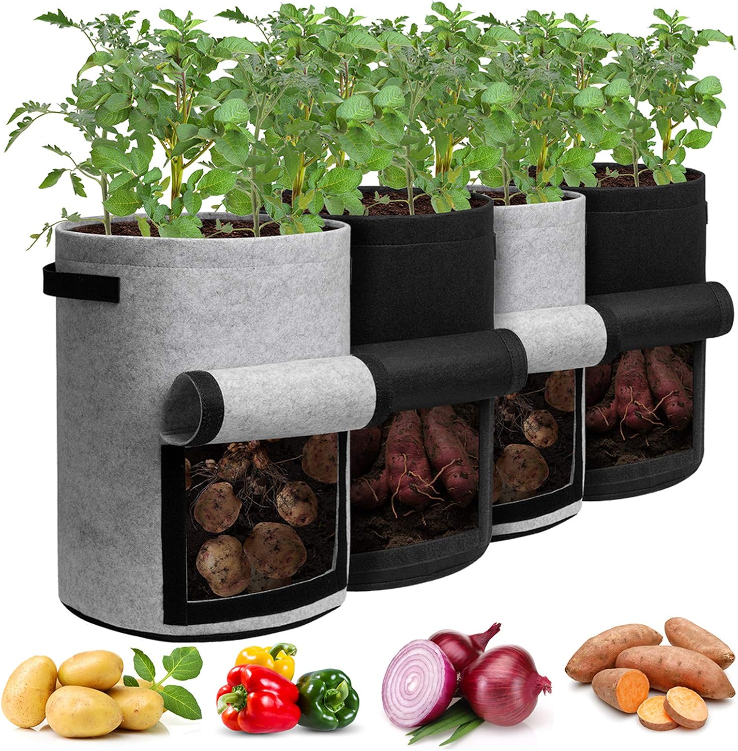 4-Pack 10 Gallon Grow Bags with Harvest Window – Heavy-Duty Fabric Planter