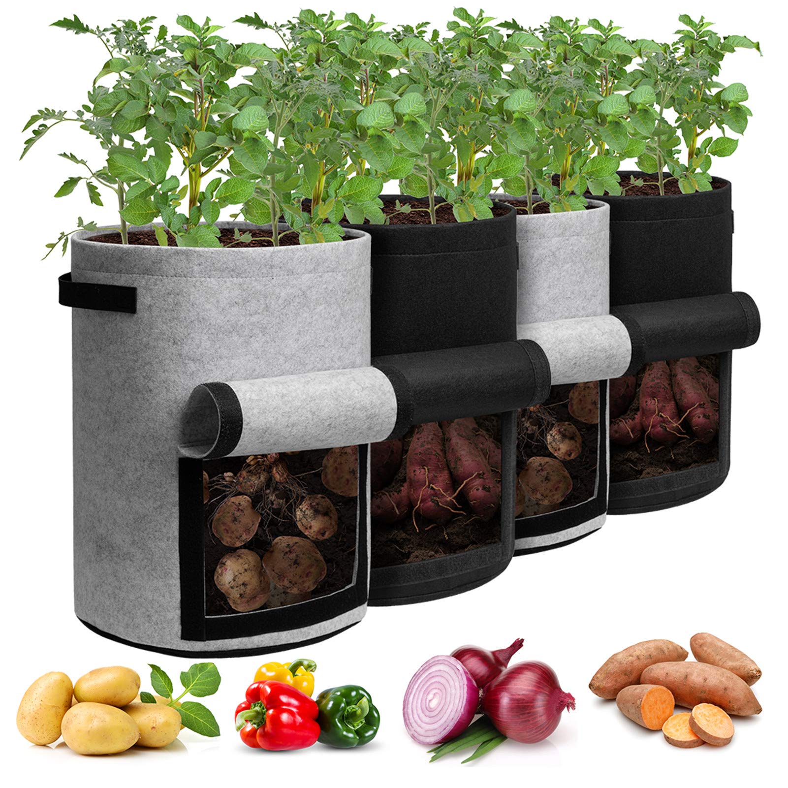 4-Pack 10 Gallon Grow Bags with Harvest Window – Heavy-Duty Fabric Planter