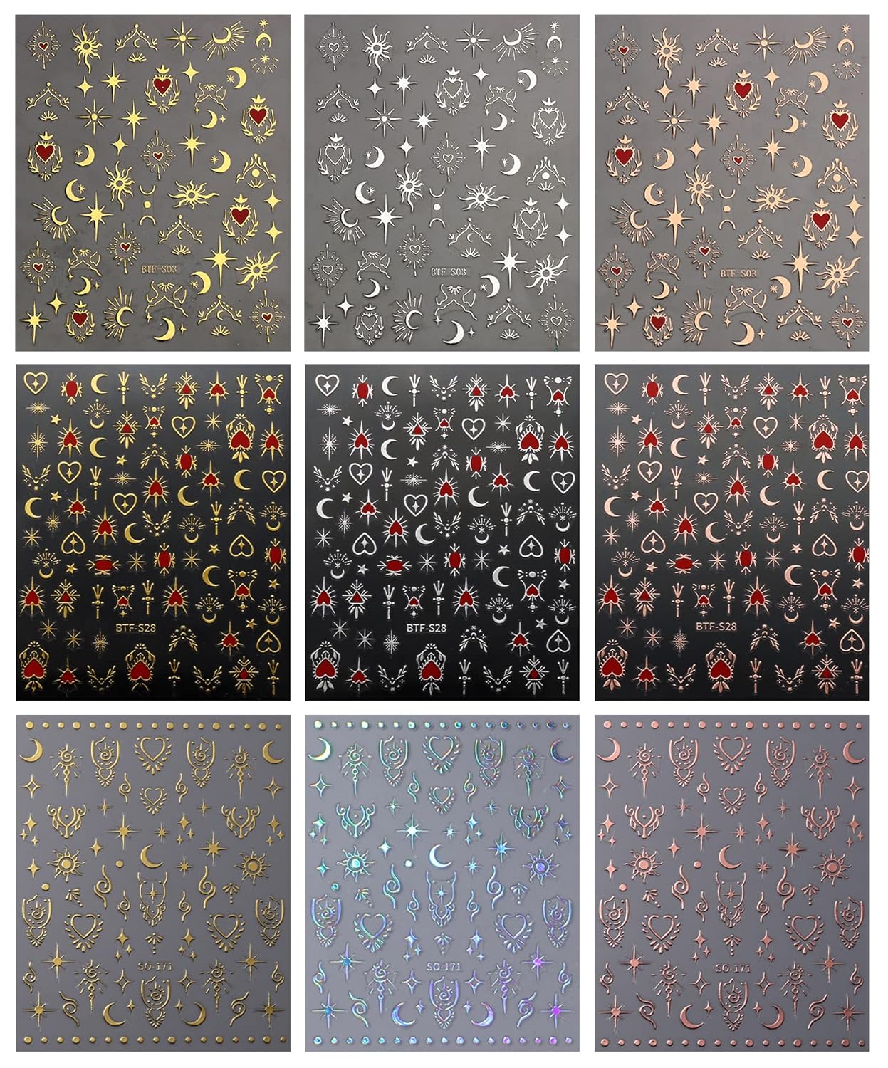 9 Sheets Moon & Star Nail Art Stickers – Self-Adhesive Pegatinas Uñas, Sun Nail Design Decals, Nail Supplies & Decoration Accessories