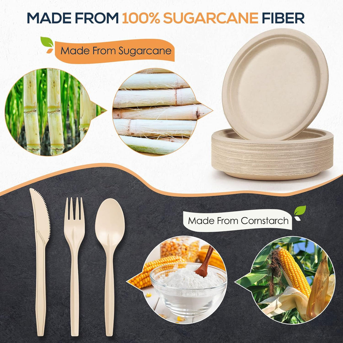 250 Pc Compostable Paper Plates & Utensils Set for Parties