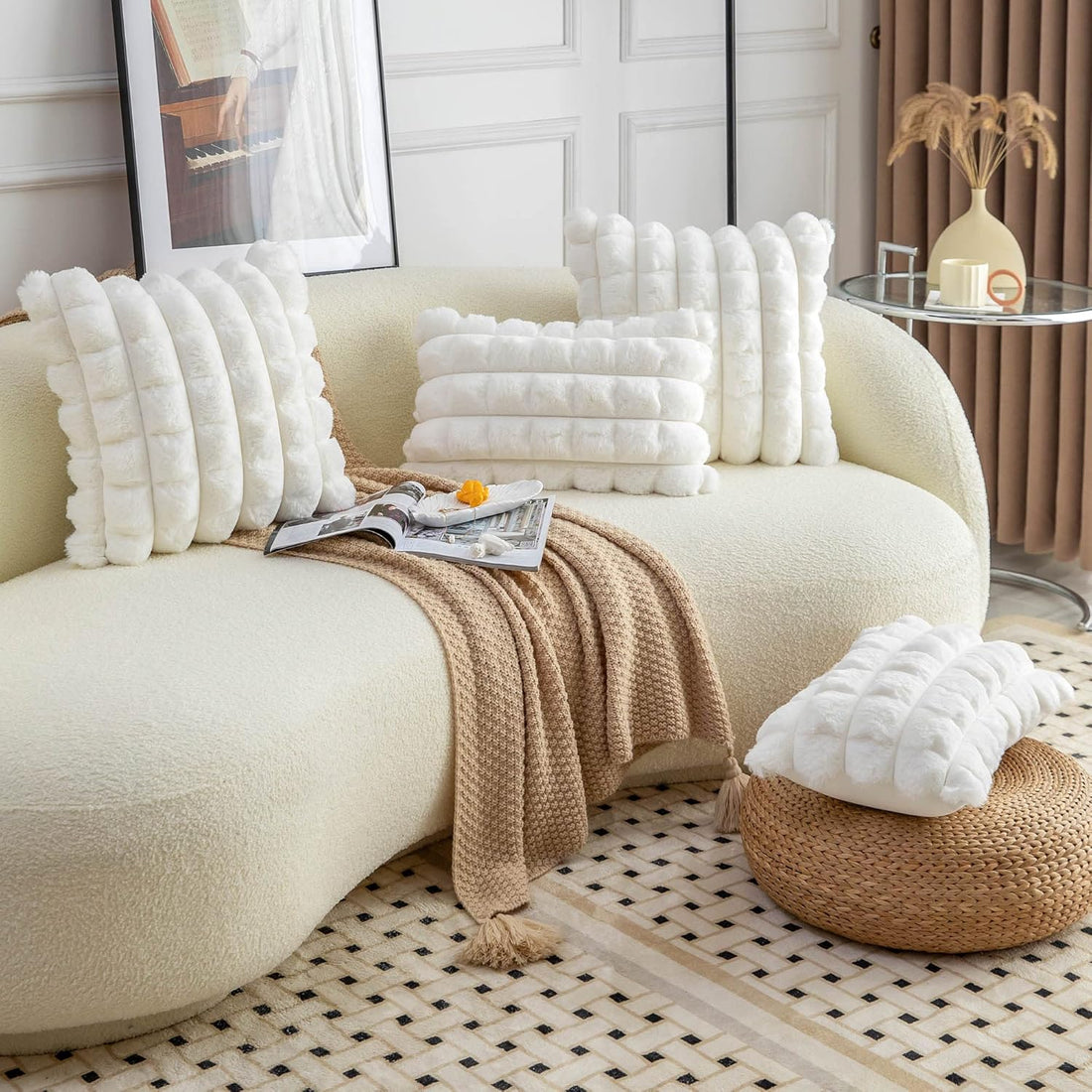 Cream White Faux Fur Cozy Soft Plaid Decorative Throw Pillow Covers