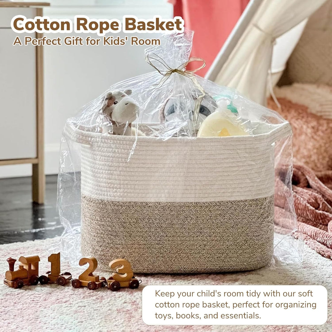 Woven Storage Basket, Cotton Rope Basket for Dog Toys, Books, Stylish Gift Basket