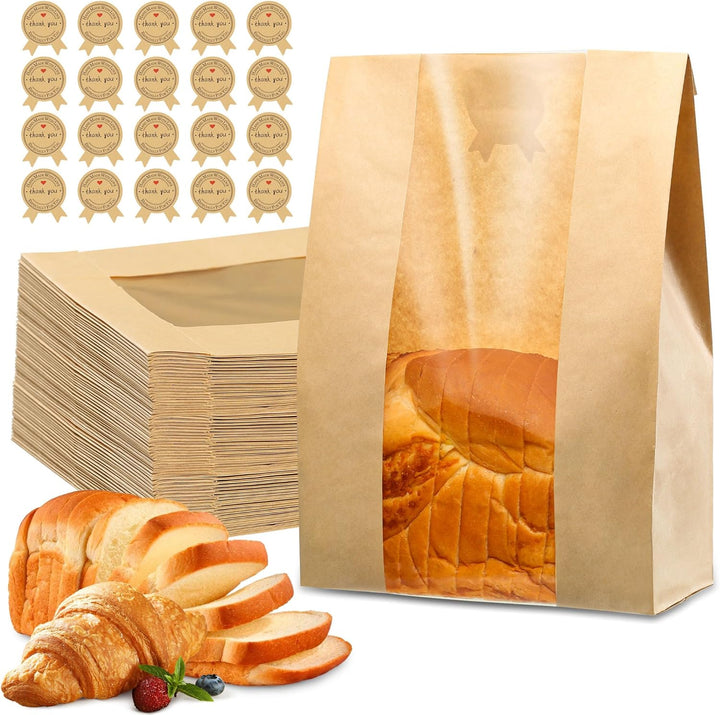 50-Pack Extra Thick Bread Bags with Window – Large Kraft Paper Bakery Bags