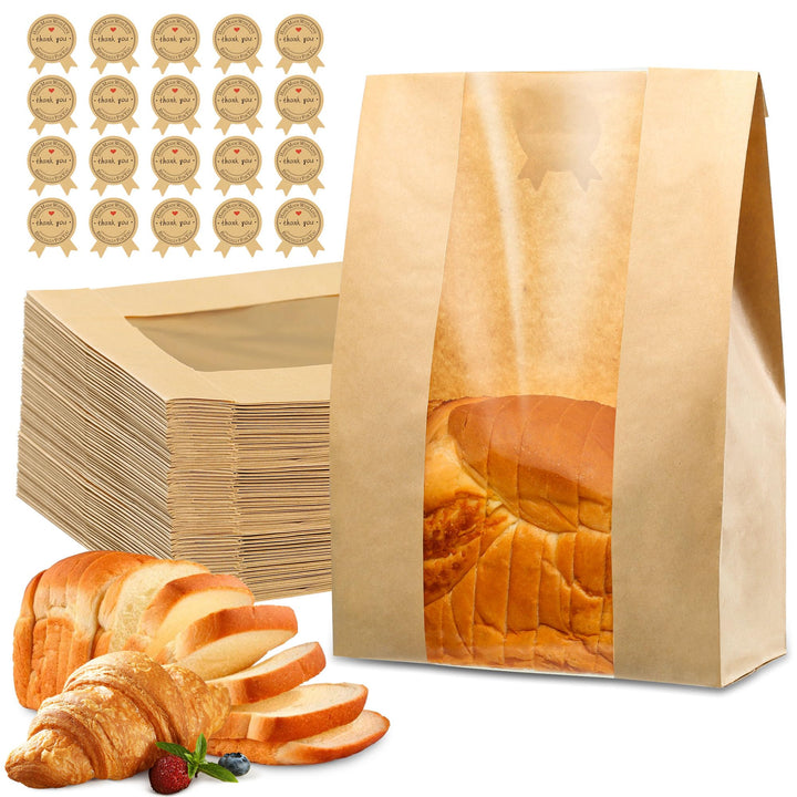 50-Pack Extra Thick Bread Bags with Window – Large Kraft Paper Bakery Bags