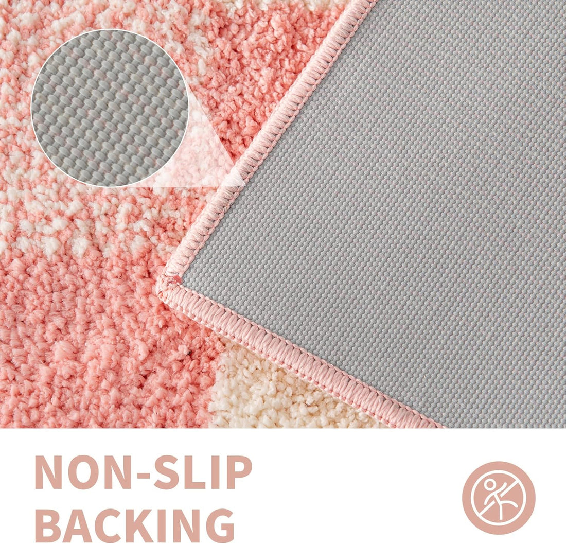 Checkered Bath Mat – Non-Slip Fluffy Microfiber Bathroom Rug – Absorbent, Washable Aesthetic Bath Mat for Shower & Sink – Blossom Pink, 24" x 16"
