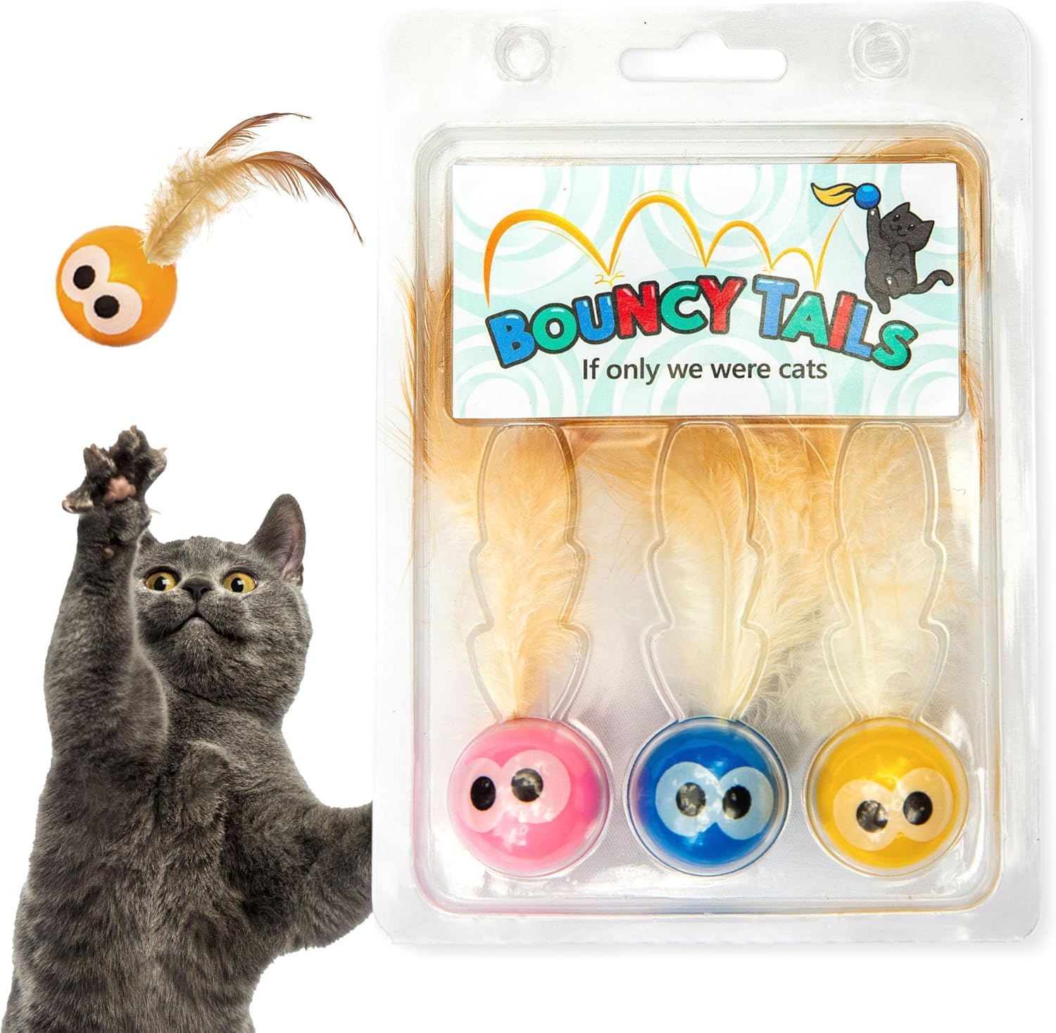 3 Pack Interactive Bouncy Ball with Natural Feathers for Indoor Cats