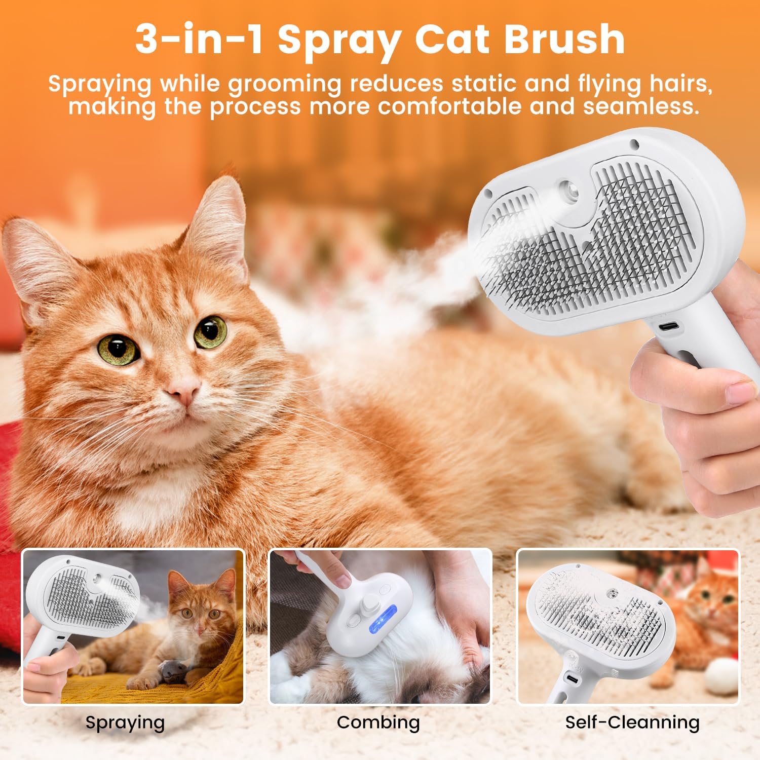 3-in-1 Cat Steam Brush – Pet Spray Hair Removal Comb for Shedding