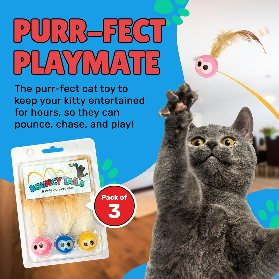 3 Pack Interactive Bouncy Ball with Natural Feathers for Indoor Cats