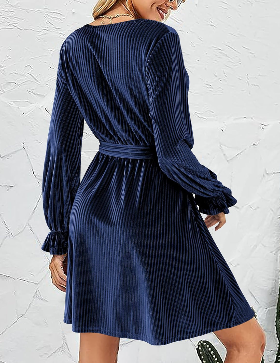 Women’s Velvet Wrap Dress – V Neck, Lantern Sleeves & Belt