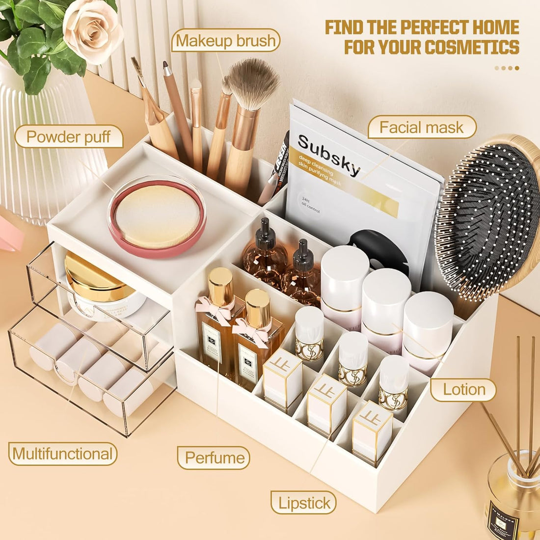 Makeup Organizer with Drawers, Easy Storage for Beauty Products Brushes,