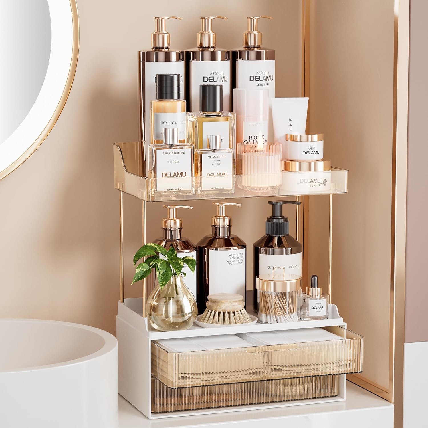 Bathroom Organizers and Storage, 2-Tier 2-Drawer Makeup Organizer Countertop,