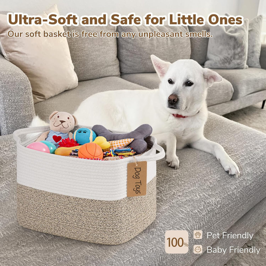 Woven Storage Basket, Cotton Rope Basket for Dog Toys, Books, Stylish Gift Basket