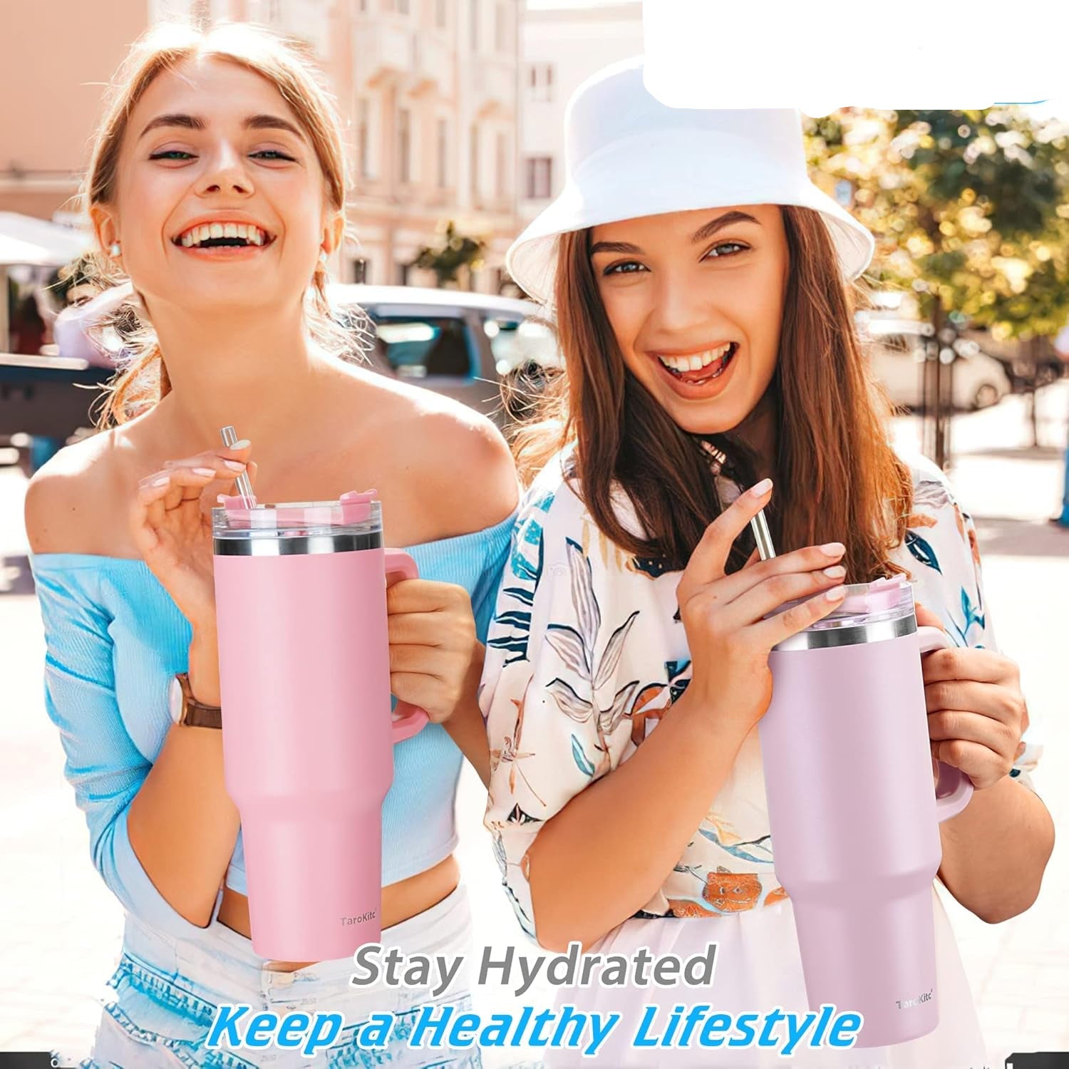 Tumbler with Handle and Straw Pink Insulated Travel Mug Iced Coffee Cup