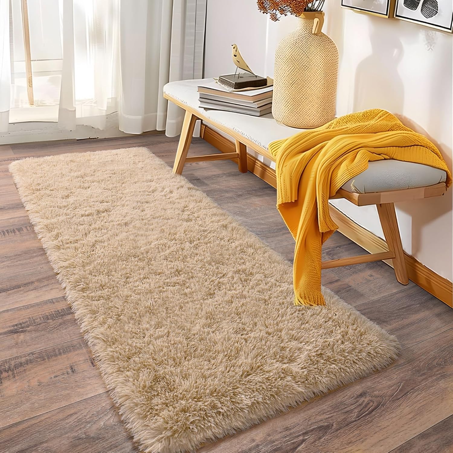 Beige Fluffy Runner Rug – Soft Shaggy Non-Slip Carpet