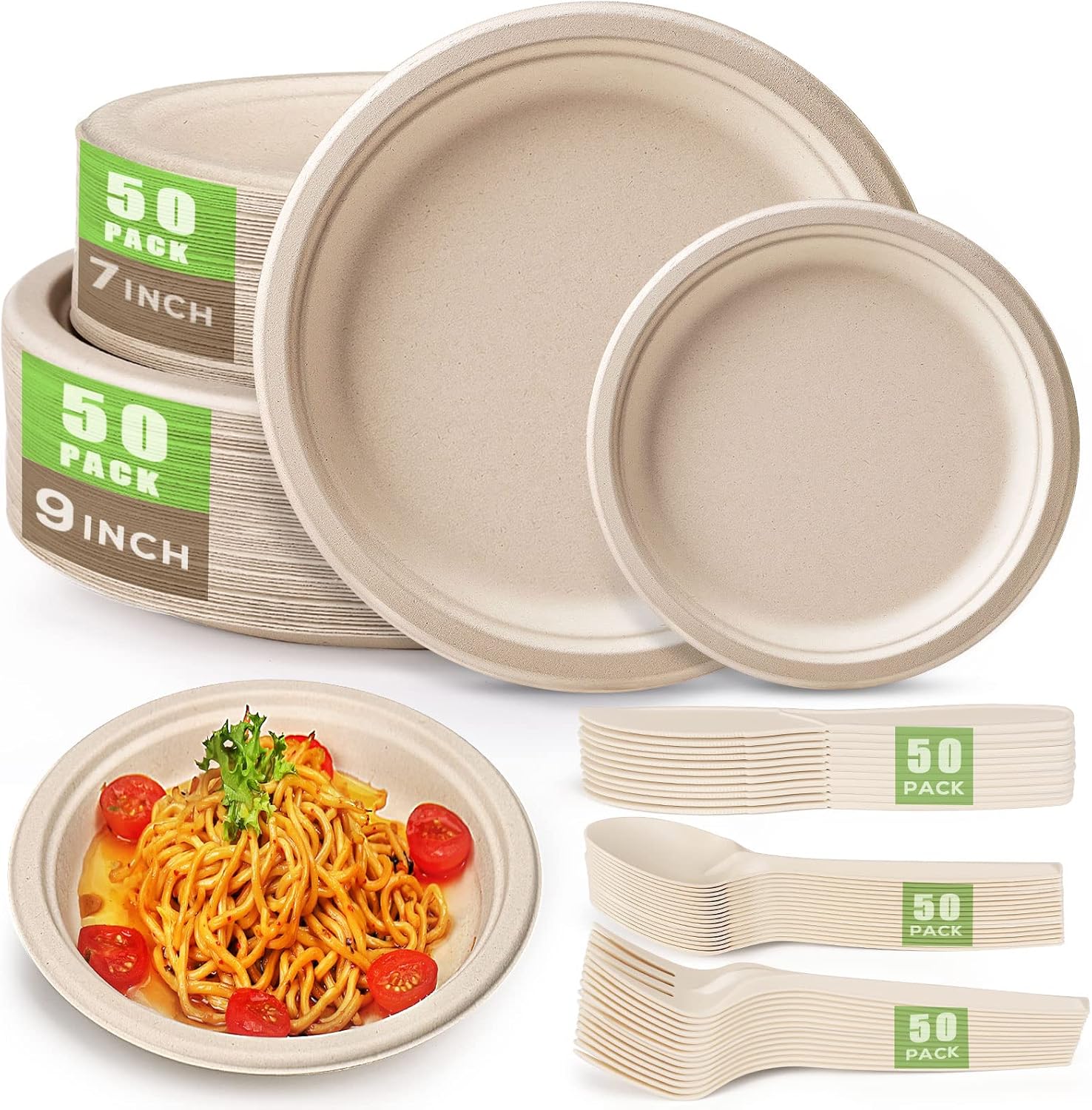 250 Pc Compostable Paper Plates & Utensils Set for Parties