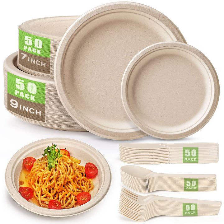 250 Pc Compostable Paper Plates & Utensils Set for Parties