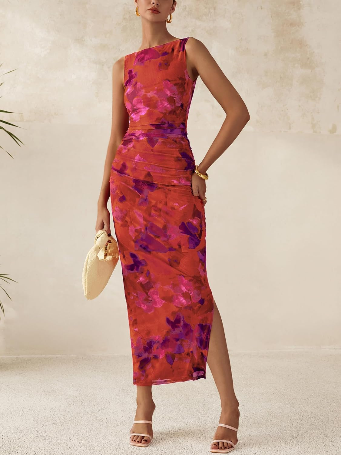 Women’s Bodycon Mesh Maxi Dress –cool and comfortable Sleeveless Floral Ruched Slit