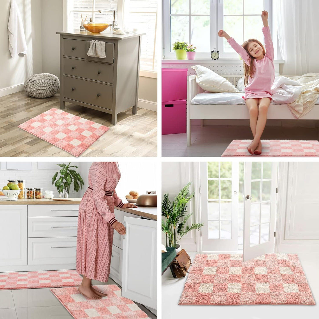 Checkered Bath Mat – Non-Slip Fluffy Microfiber Bathroom Rug – Absorbent, Washable Aesthetic Bath Mat for Shower & Sink – Blossom Pink, 24" x 16"