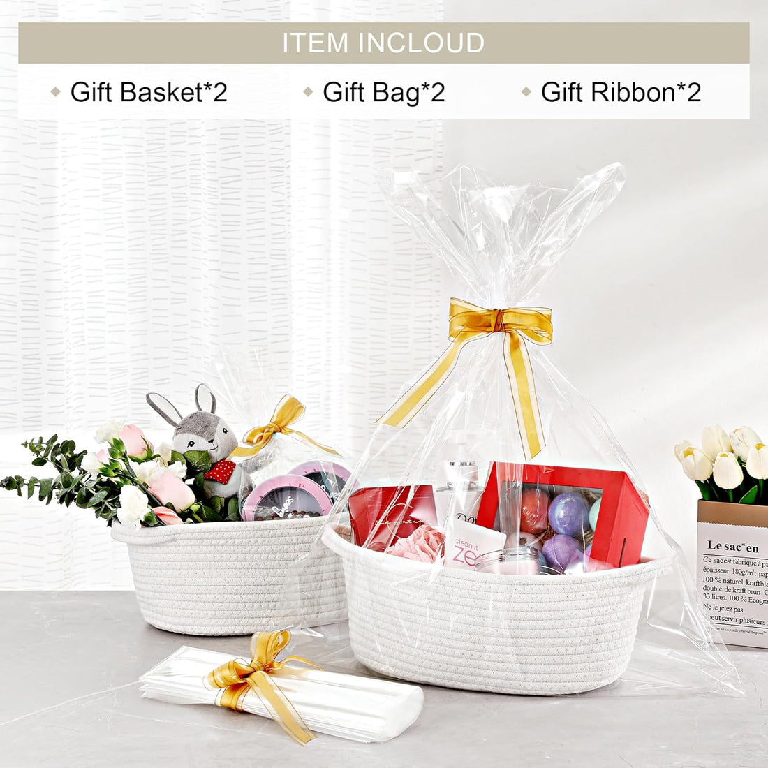 2 Pack Small Woven Gift Baskets with Ribbons & Bags – Decorative Cotton Rope
