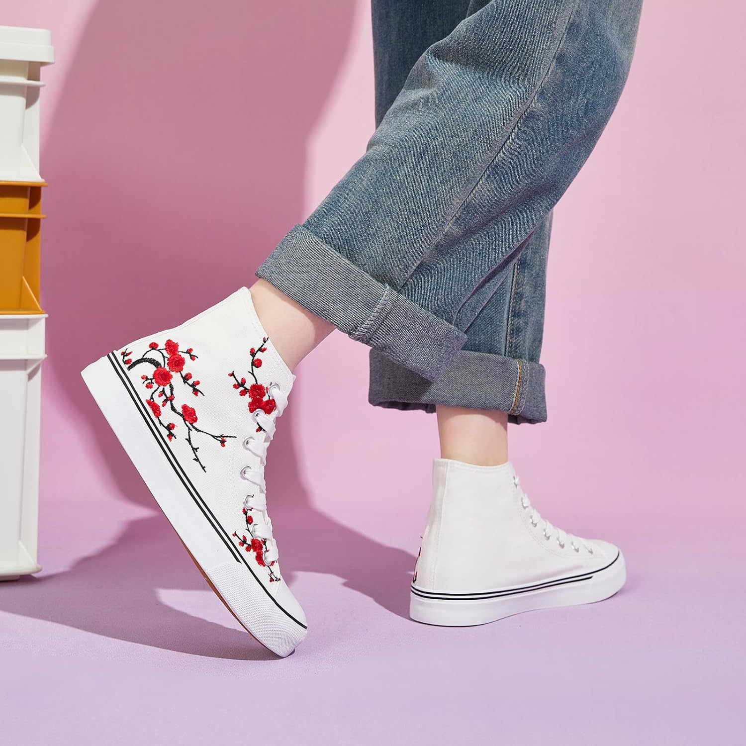 Women’s High-Top Canvas Sneakers – Embroidered Plum Blossom Casual Shoes