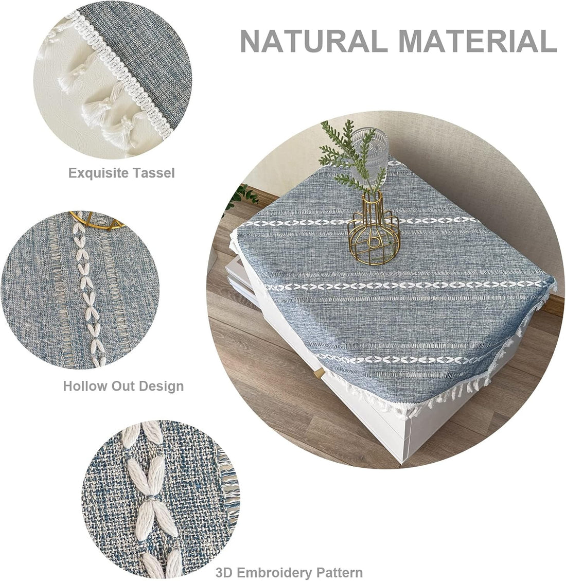 Rustic Blue Striped Tassel Tablecloth 24"x24" for Small Tables