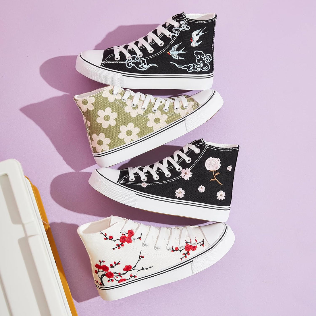 Women’s High-Top Canvas Sneakers – Embroidered Plum Blossom Casual Shoes