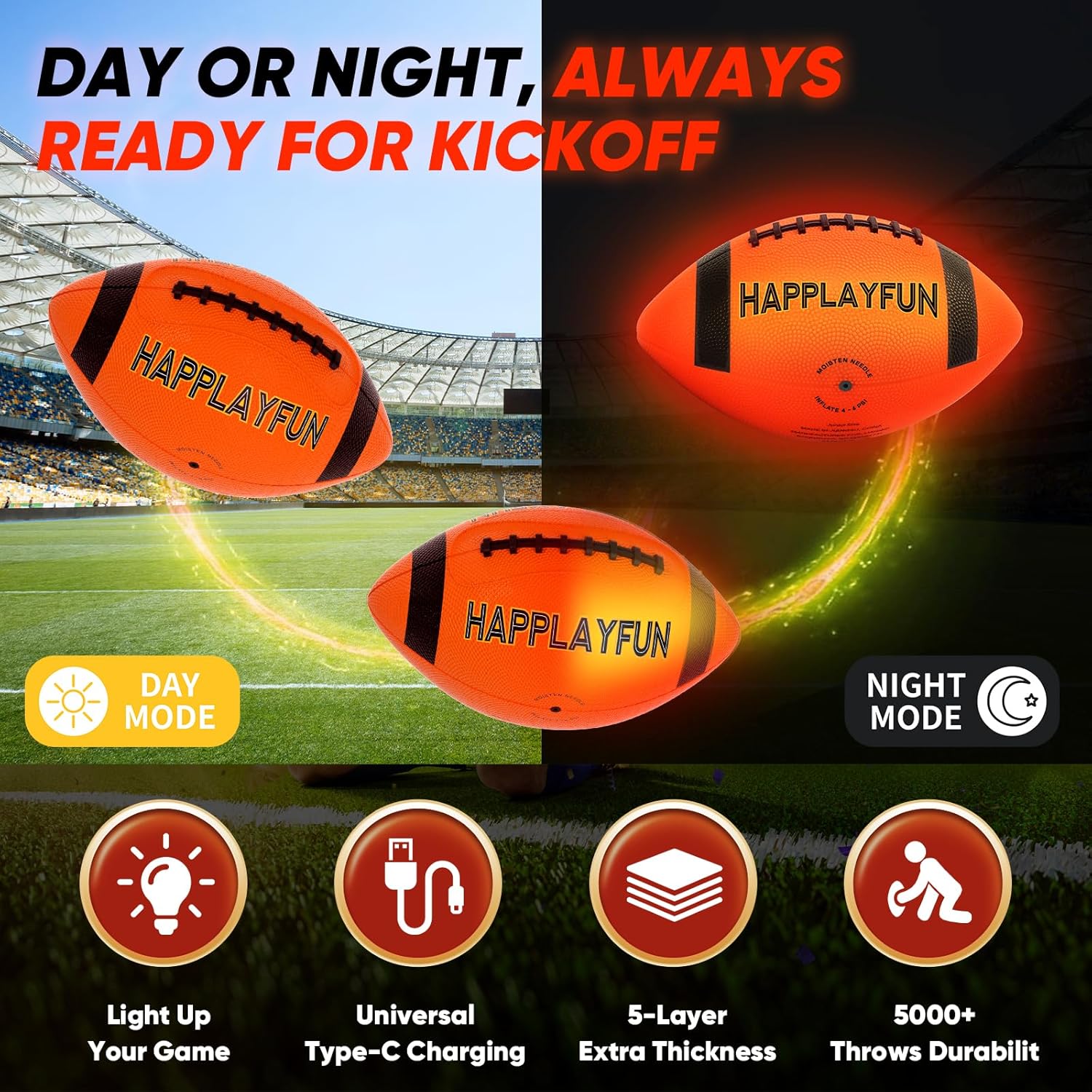 Light Up Football for Kids 8-12 – USB-C Rechargeable LED Glow
