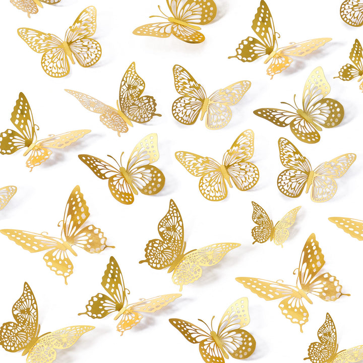 3D Butterfly Wall Decor - 48 Pcs, 4 Styles, 3 Sizes, Gold Butterfly