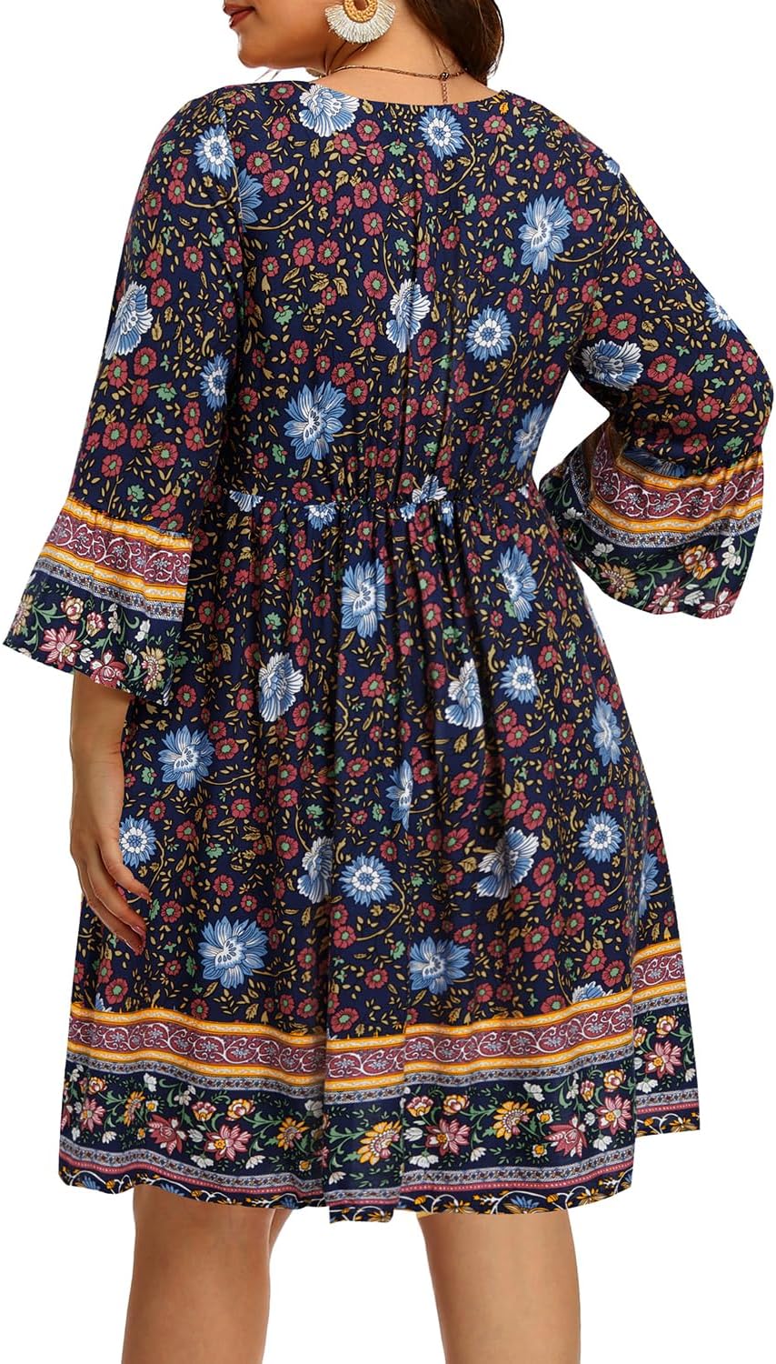 Plus Size Boho Floral V-Neck Mini Dress with Tassel Bell Sleeves