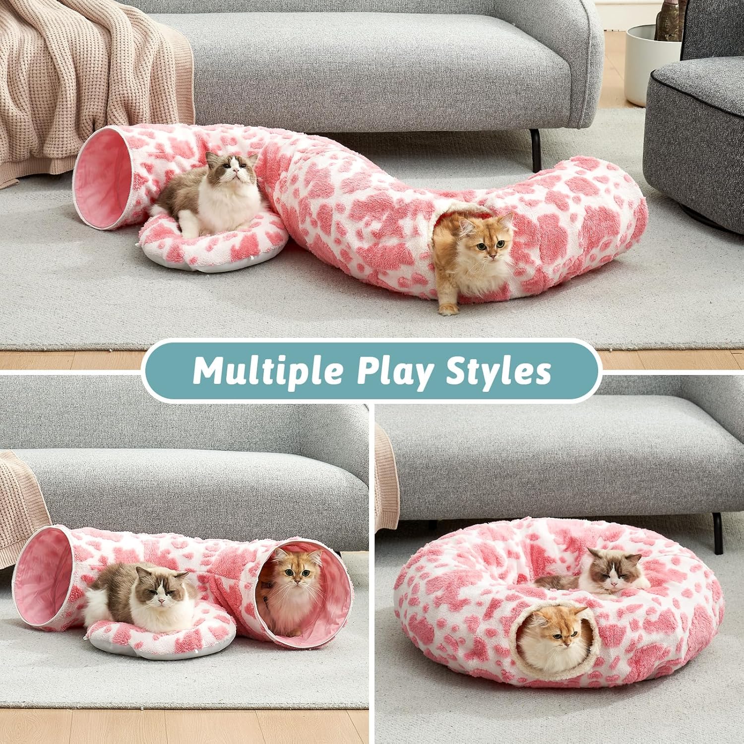 Cat Tunnel Bed for Indoor Cats, Foldable Cute Cat Donut Tunnel with Washable