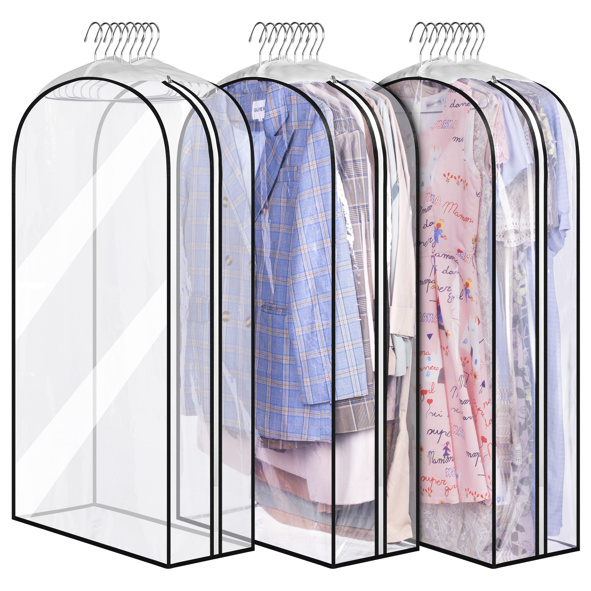 Three clear garment bags with gussets, each hanging and displaying various clothes visible through the transparent material.
