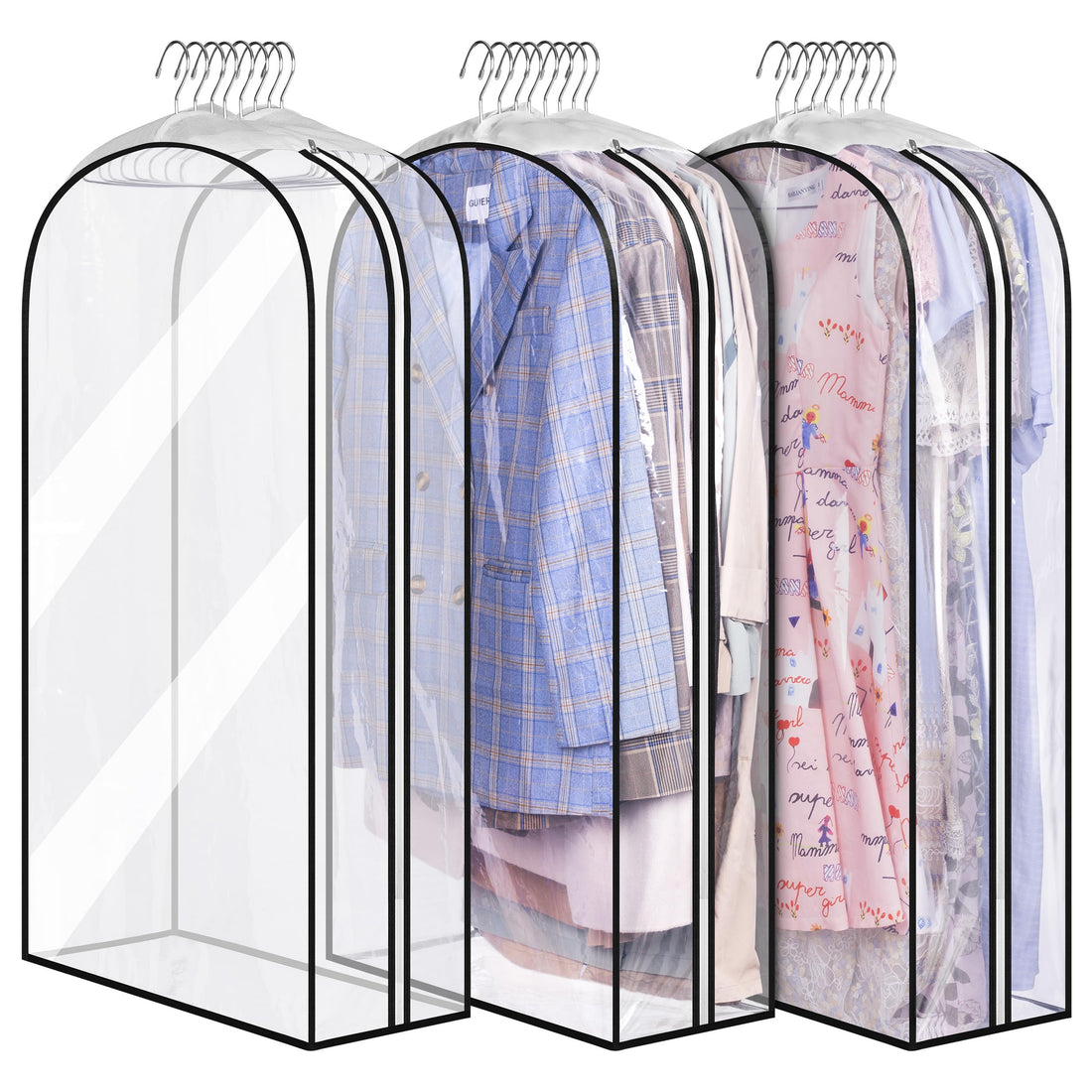 Three clear garment bags with gussets, each hanging and displaying various clothes visible through the transparent material.
