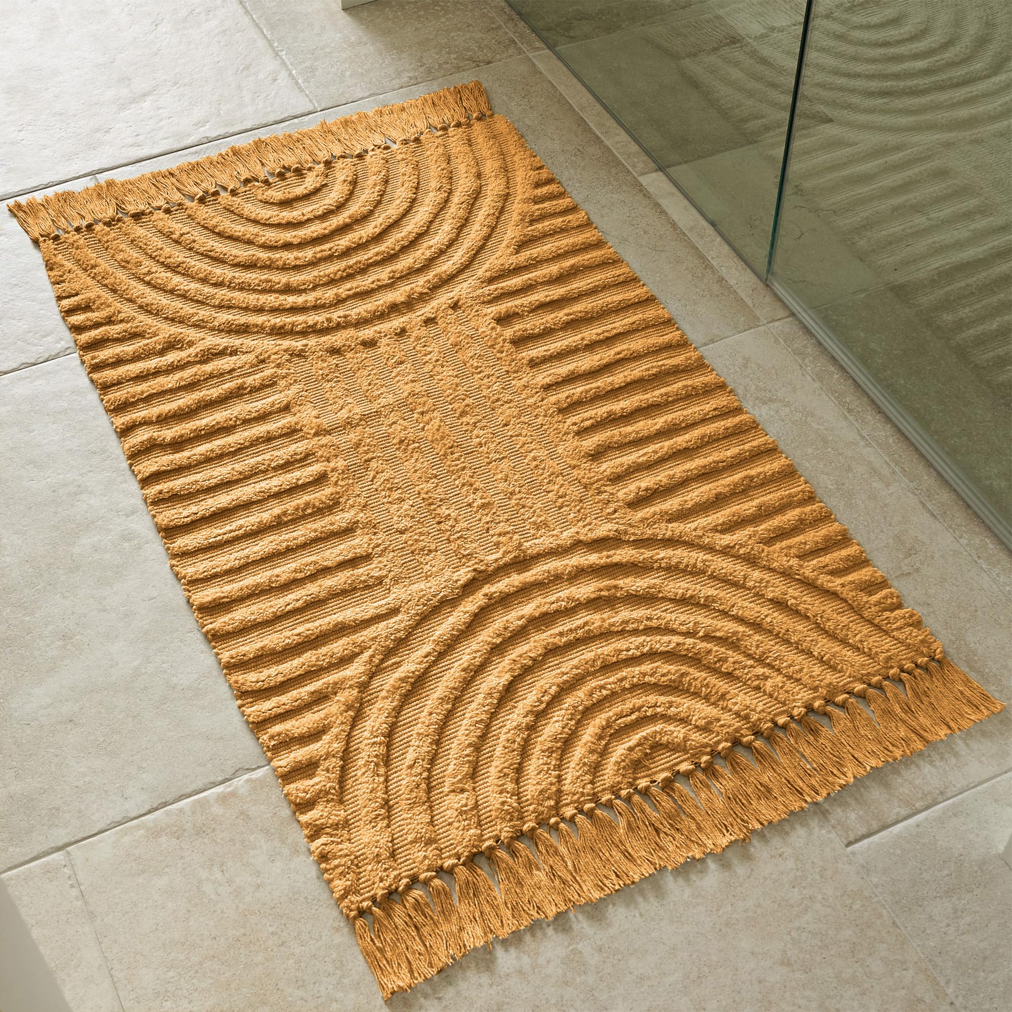 Boho Tassel Cotton Rug – Soft 2x3 ft. Washable Non-Slip Bathroom Mat
