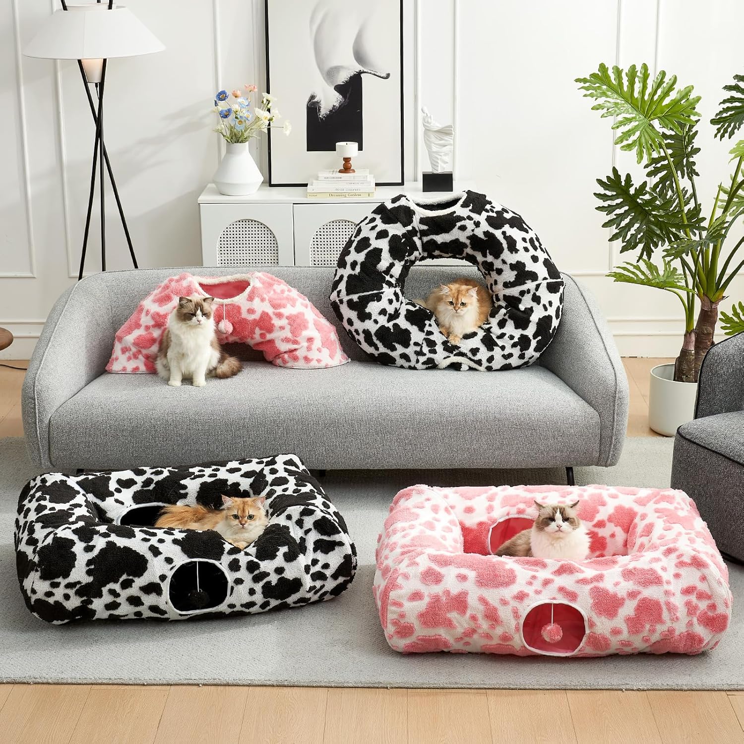 Cat Tunnel Bed for Indoor Cats, Foldable Cute Cat Donut Tunnel with Washable