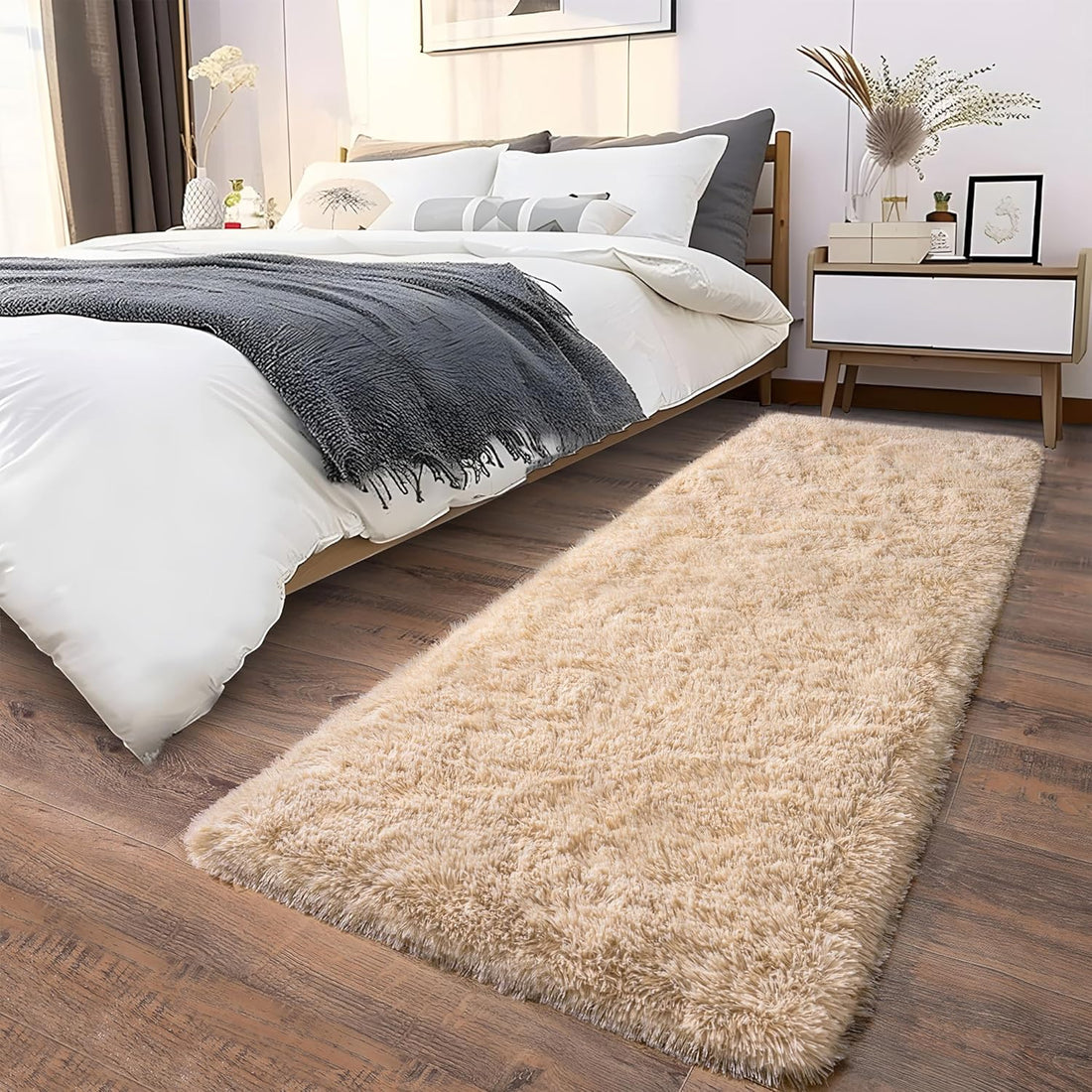 Beige Fluffy Runner Rug – Soft Shaggy Non-Slip Carpet
