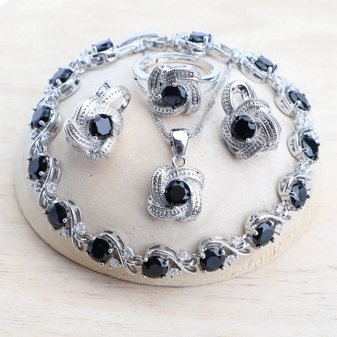 Black Stone Bridal Jewelry set in 925 Sterling Silver | Heart Crafted Gifts