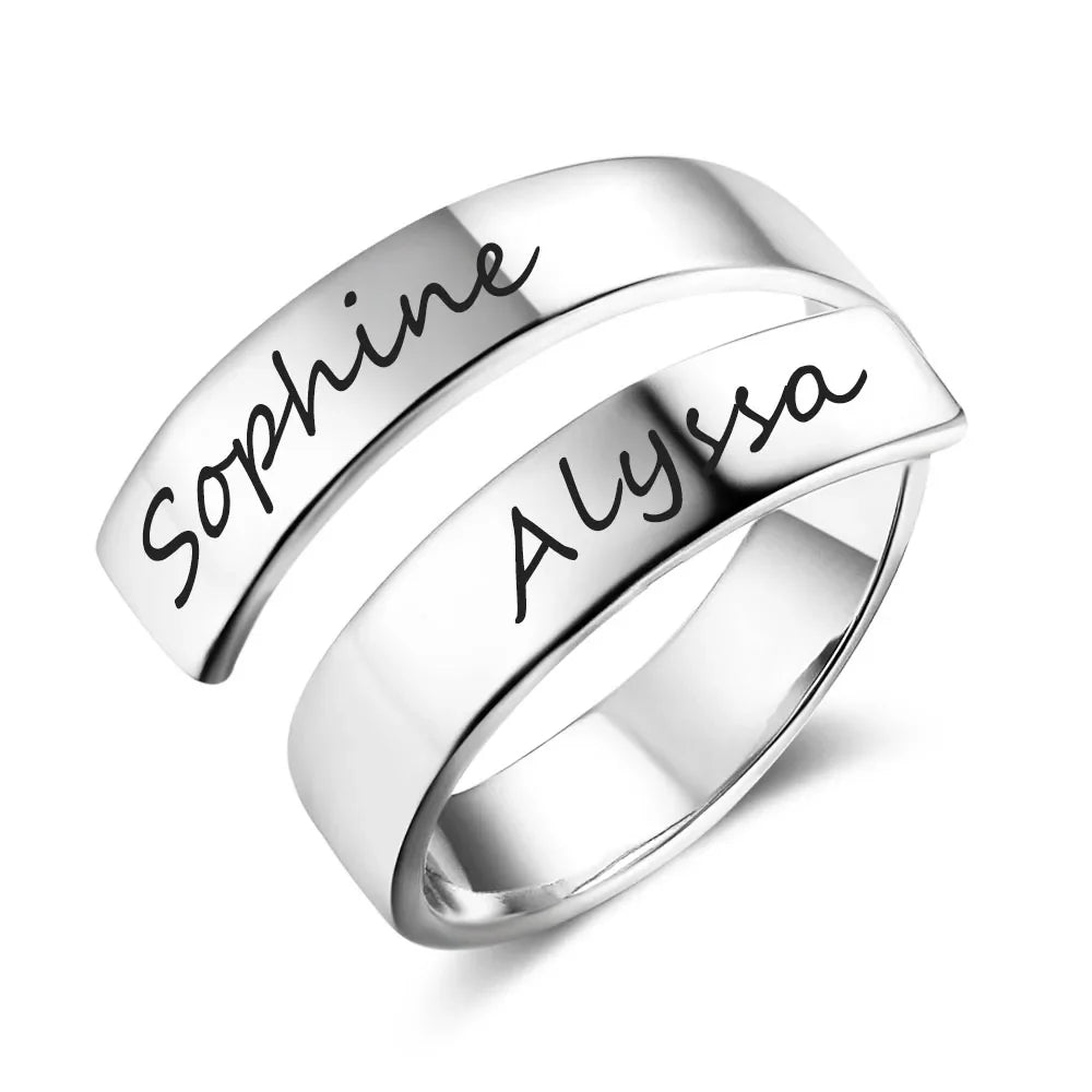 Silver Custom Two Name Ring: Adjustable Band & Unisex